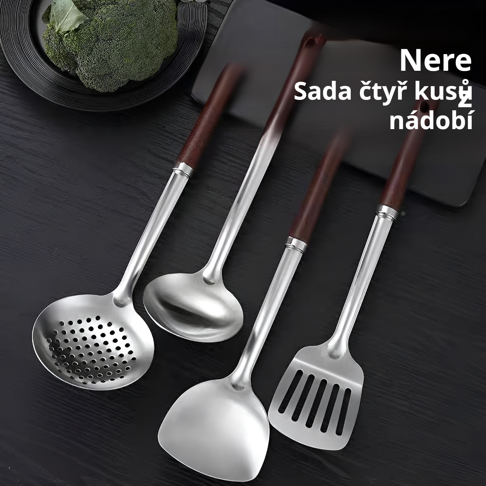 Prodloužená nerezová lopatka na vaření s dřevěnou rukojetí