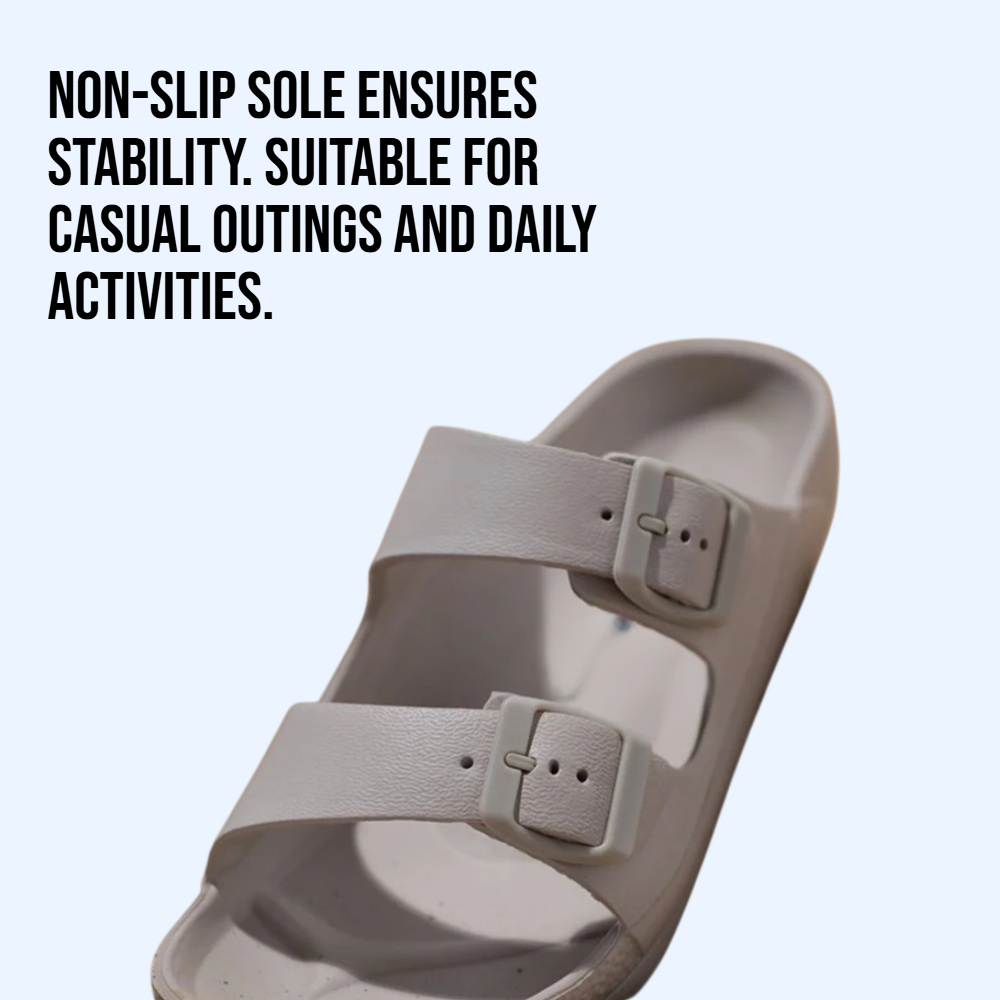 Men wearing thick soled slippers outside