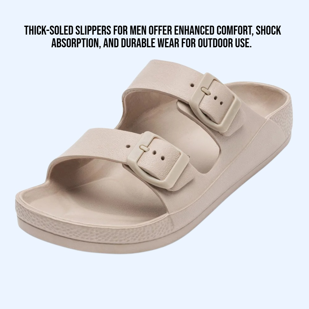 Men wearing thick soled slippers outside