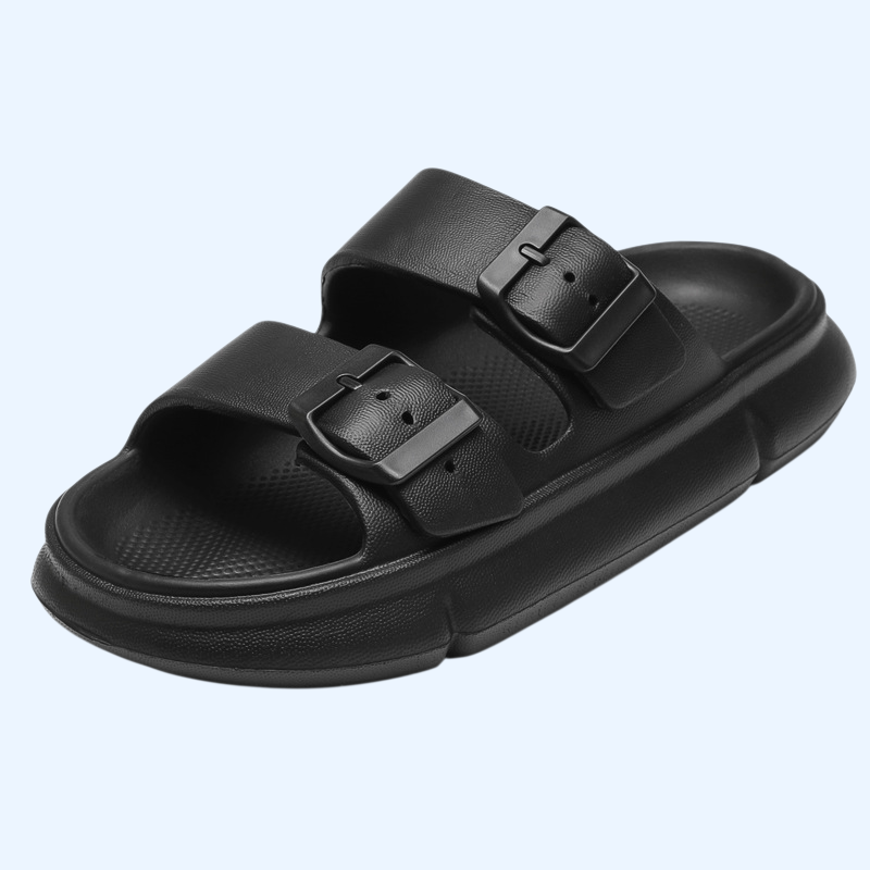 Men wearing thick soled slippers outside