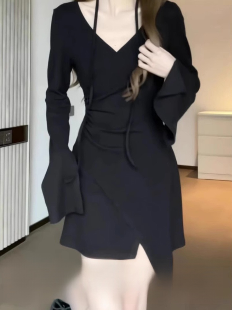 Vネック長袖ロングカシミヤニットワンピース