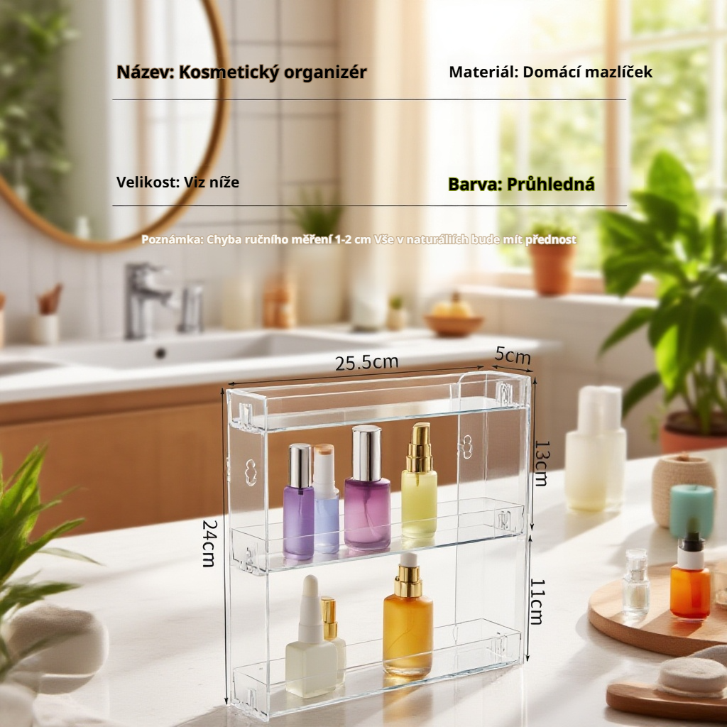 Průhledná akrylová nástěnná police do koupelny na kosmetiku, bez vrtání, vícevrstvá