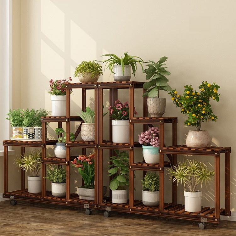Indoor multi-layer solid wood flower pot storage rack