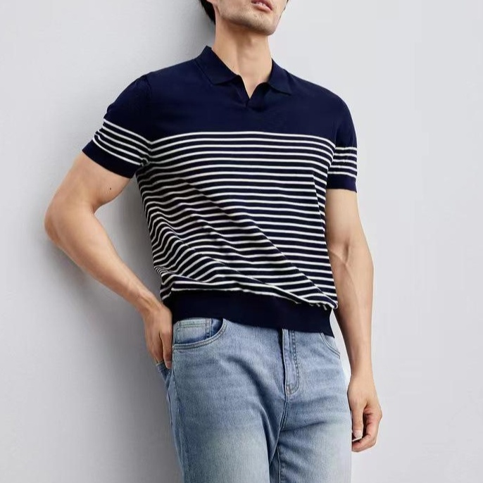 남자 여름 편한 반팔 티셔츠 캐주얼 슬림 스트라이프 반팔 신사 브이넥 반팔 셔츠