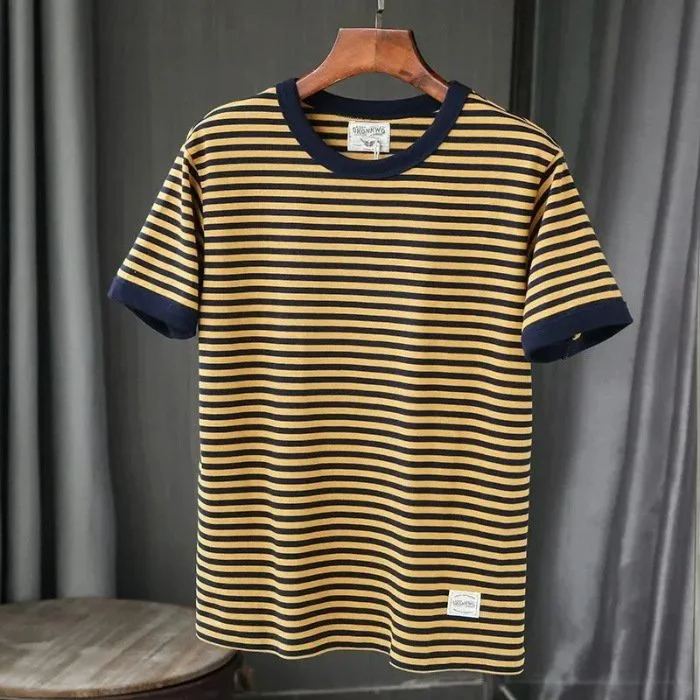 남성 레깅스 세일러 블루 화이트 스트라이프 반팔 티셔츠 땀 흡수 아메리칸 빈티지 레깅스