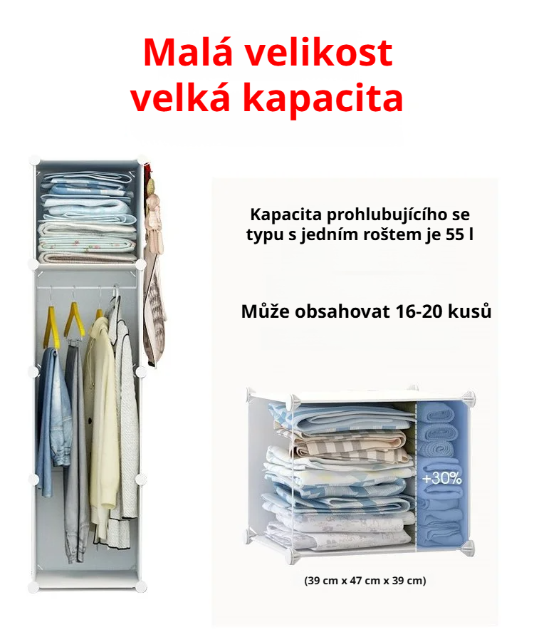 Šatní skříň s otevřenými dveřmi a úložnými policemi