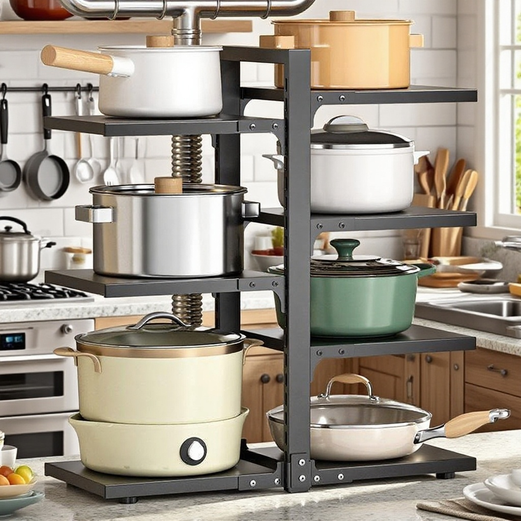 ชั้นวางหม้อหลายชั้นมัลติฟังก์ชั่นสำหรับห้องครัว