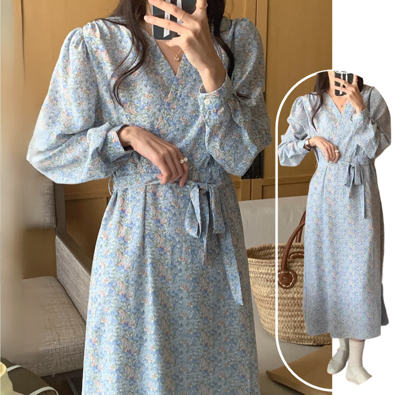 여성 원피스 허리 여리여리 플라워 롱 원피스 엘레강스 브이넥 도라지 스트링 원피스