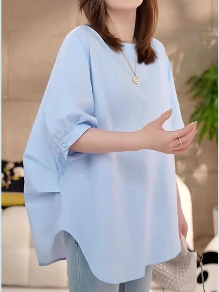 디자인 감각 라운드 상의 슬림핏 루즈핏 여름 여성스러운 반팔 셔링 셔츠 상의