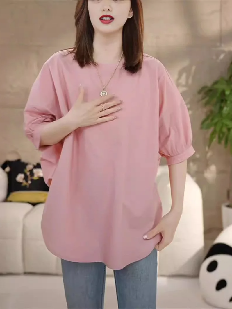 디자인 감각 라운드 상의 슬림핏 루즈핏 여름 여성스러운 반팔 셔링 셔츠 상의