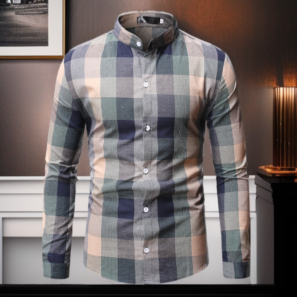 Men's standup collar longsleeved shirt Bottom shirt men's plaid shirt