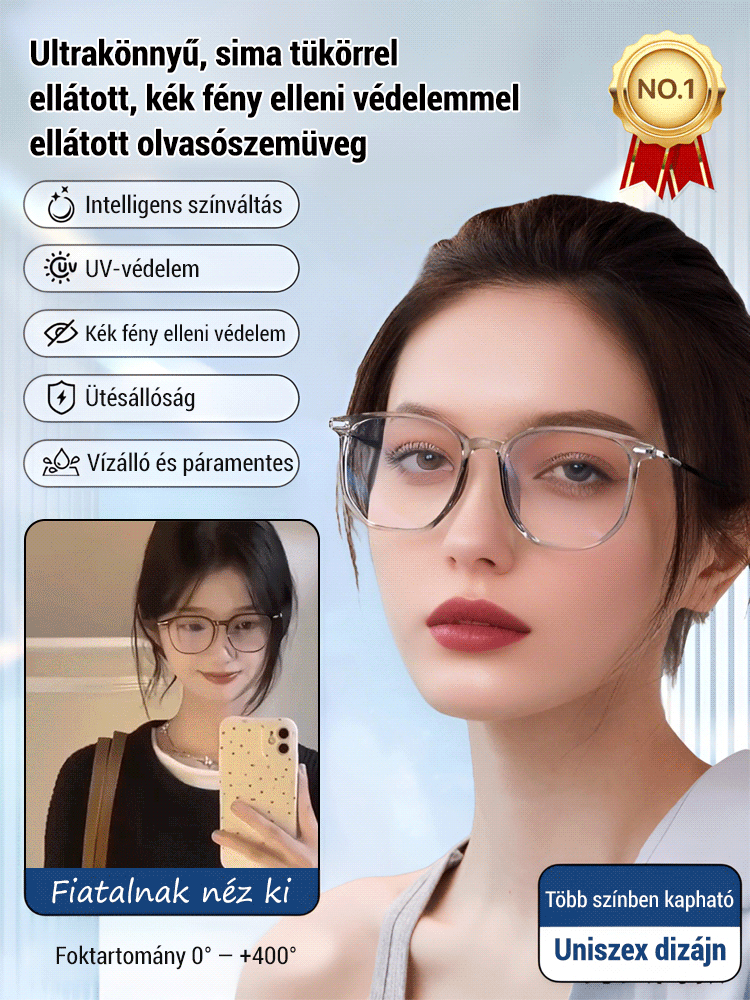 Szuperkönnyű, smink nélküli, kékfény elleni olvasószemüveg.