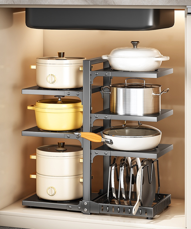 鍋蓋収納に便利な調節可能ラック