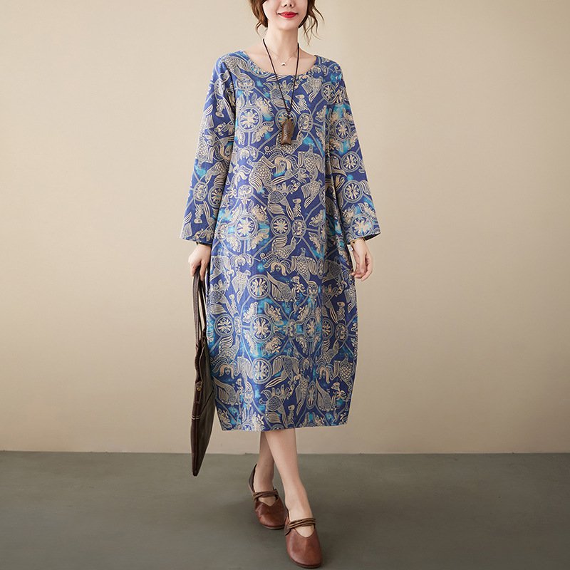 【綿麻総柄ワンピース】ゆったりとしたサイズ感で体型カバーも◎