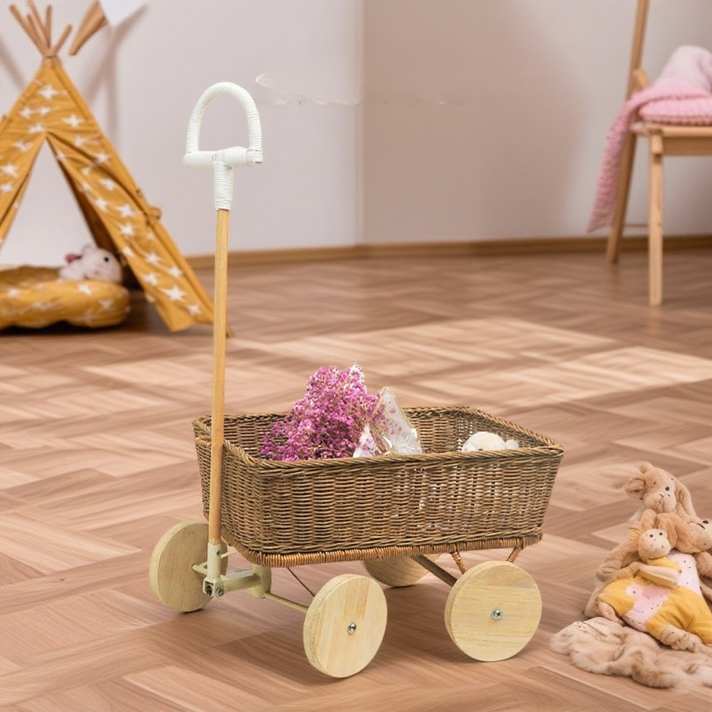 Vozík na hračky z přírodního ratanu, koš na plyšové hračky, venkovní vozík