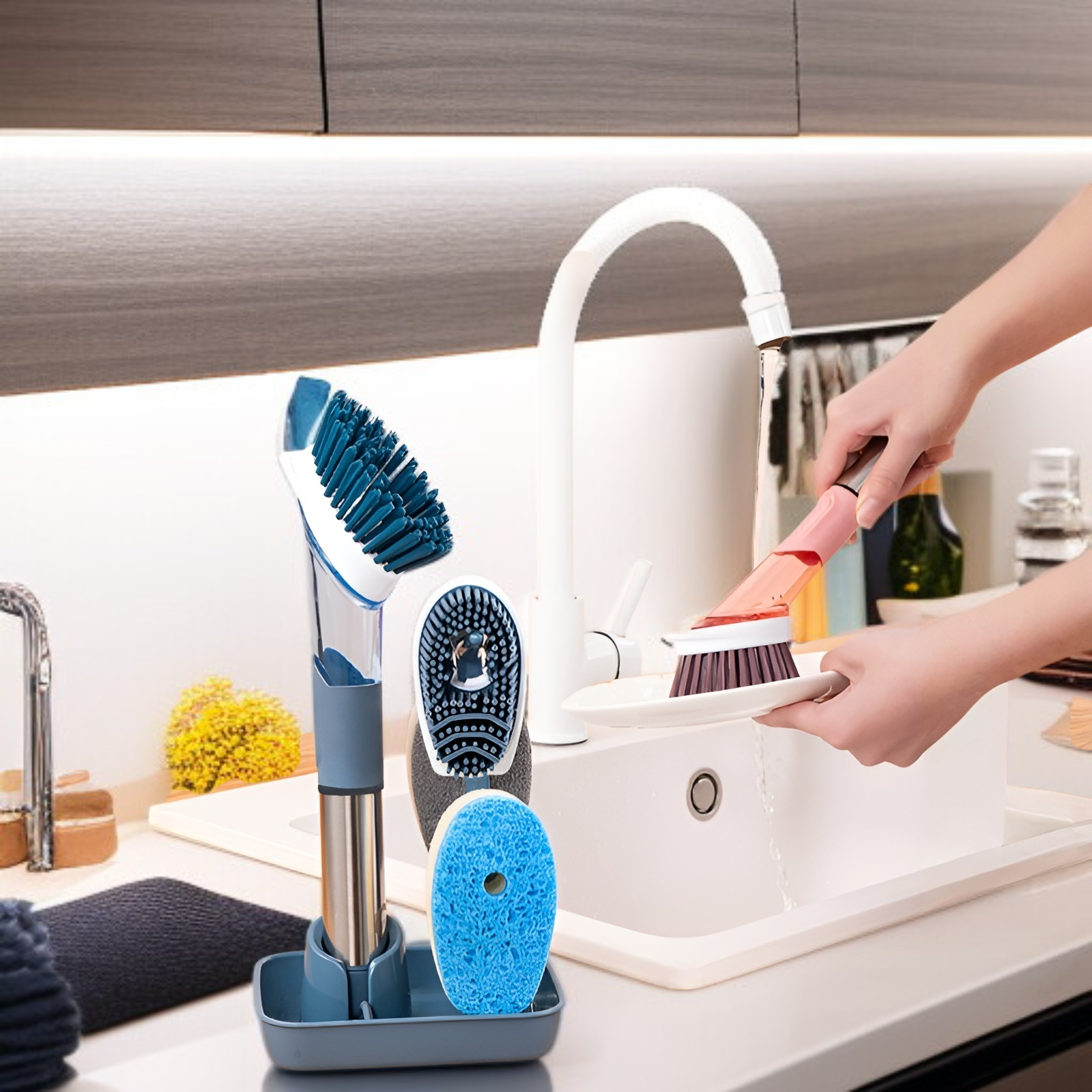 家庭用フォーインワン長柄キッチン食器用洗剤自動液体ポットブラシスポンジナイロン交換用プッシュ式ポットブラシ