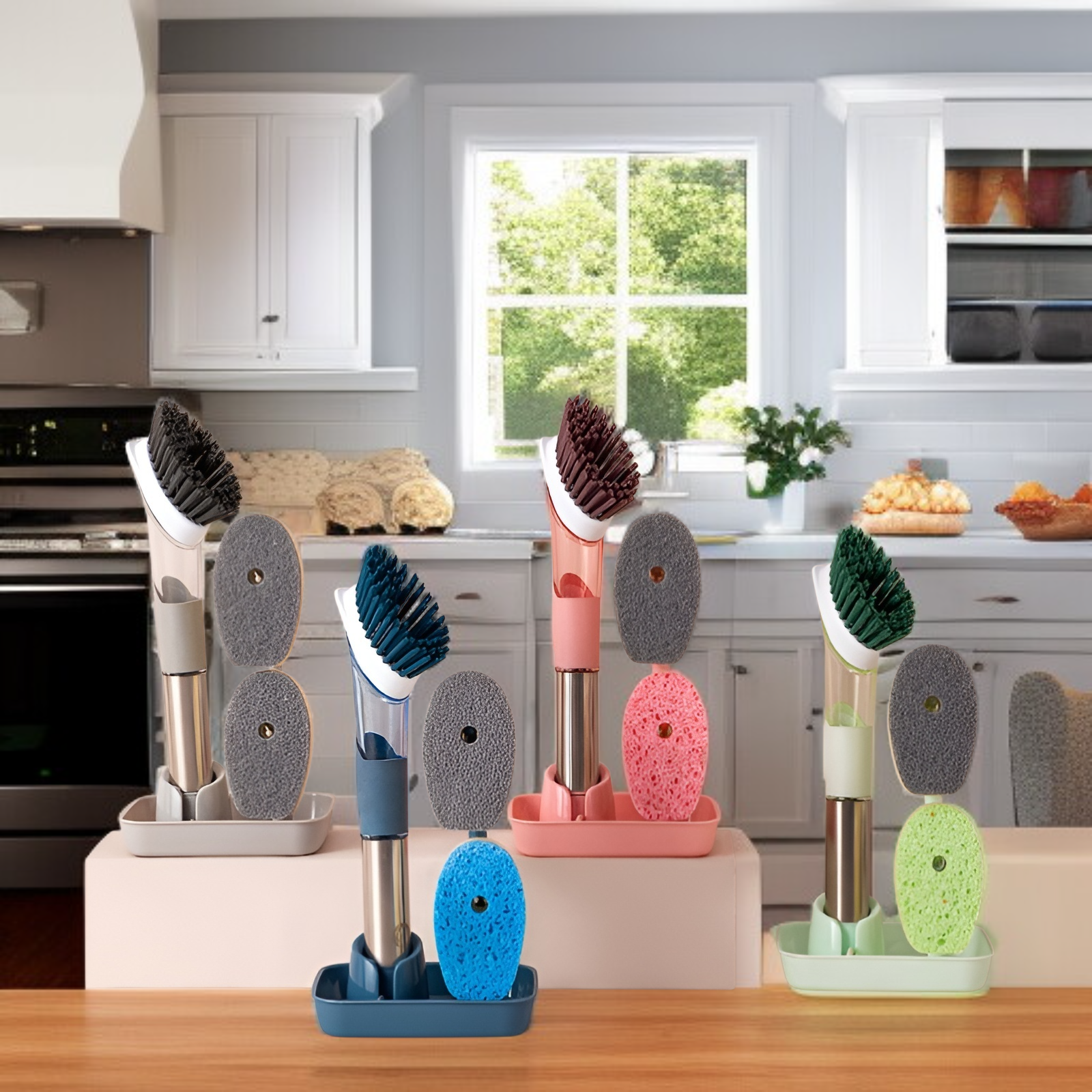 家庭用フォーインワン長柄キッチン食器用洗剤自動液体ポットブラシスポンジナイロン交換用プッシュ式ポットブラシ