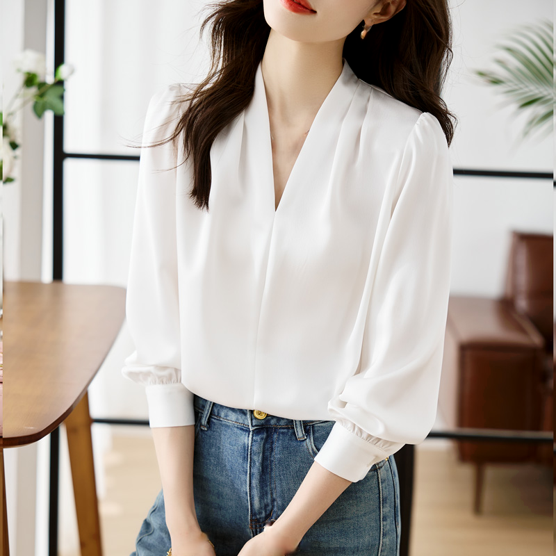 심플 V 넥 라이트 성숙풍 새틴 블라우스