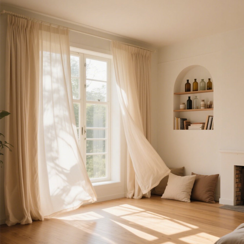 리넨 거즈 소재의 빛 투과성 페어리 커튼 전체 모습