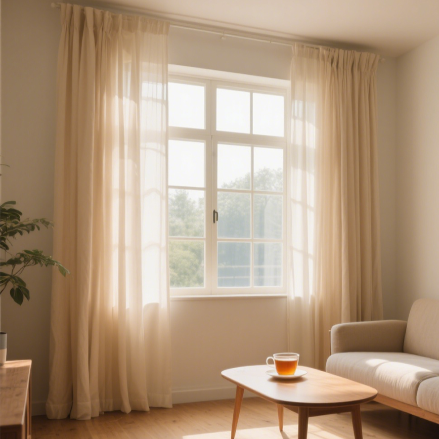 리넨 거즈 소재로 빛 투과성이 뛰어나면서도 그림자가 지지 않는 페어리 커튼