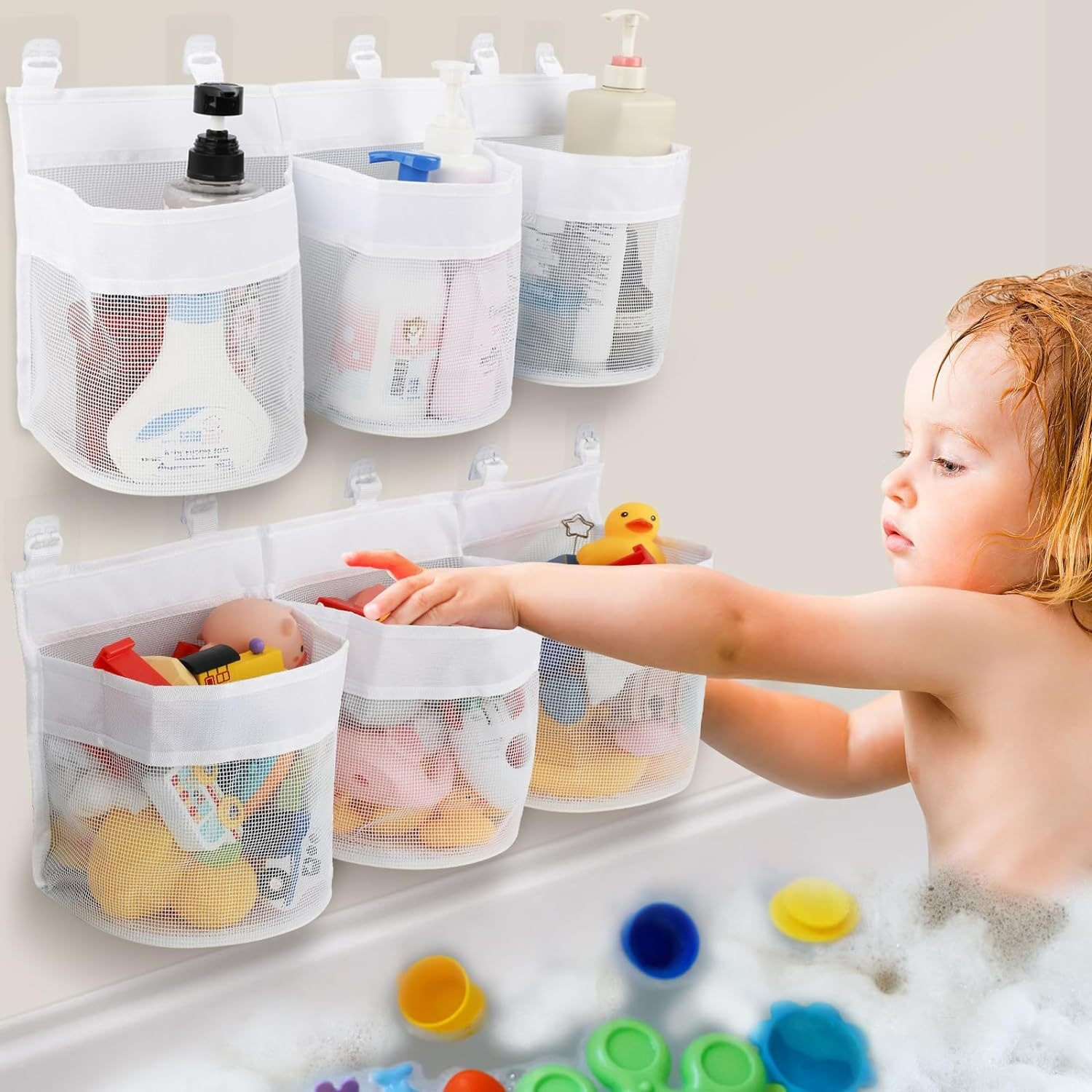 Aufbewahrungstasche für Kinderspielzeug mit Mehrgitter im Badezimmer