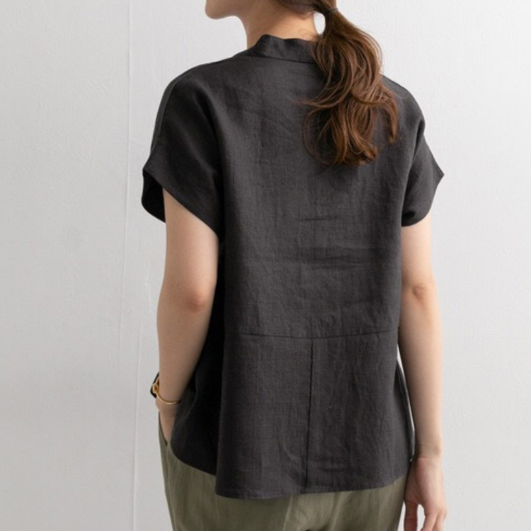 【レディース綿麻シャツ】半袖、ブラウス、快適、柔らかい、涼しい、通気性、吸湿性、V字ネック