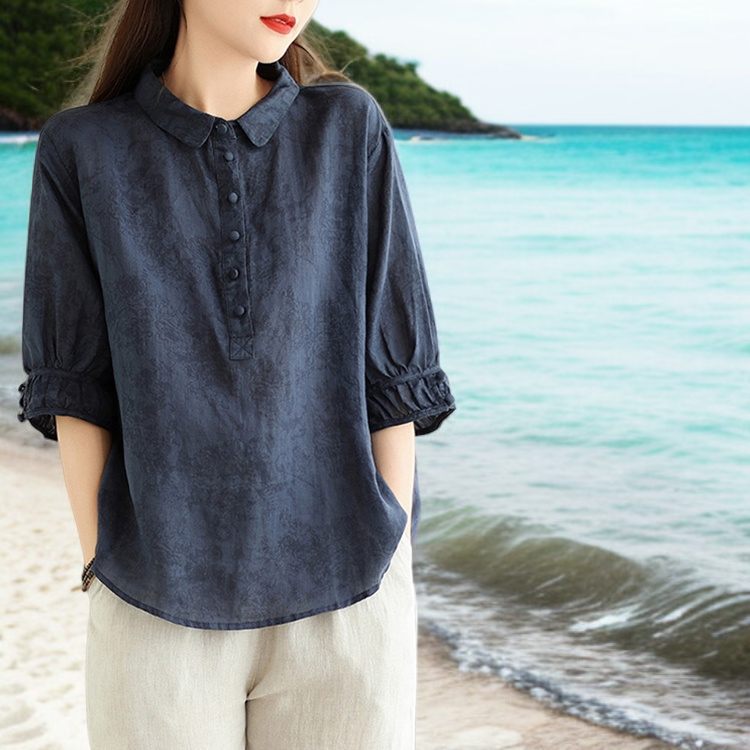 여성 벌룬 소매 면마 블라우스 