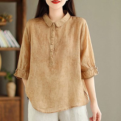 여성 벌룬 소매 면마 블라우스 