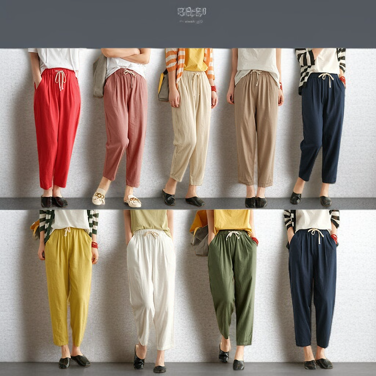 夏用の無地の綿麻サルエルパンツ