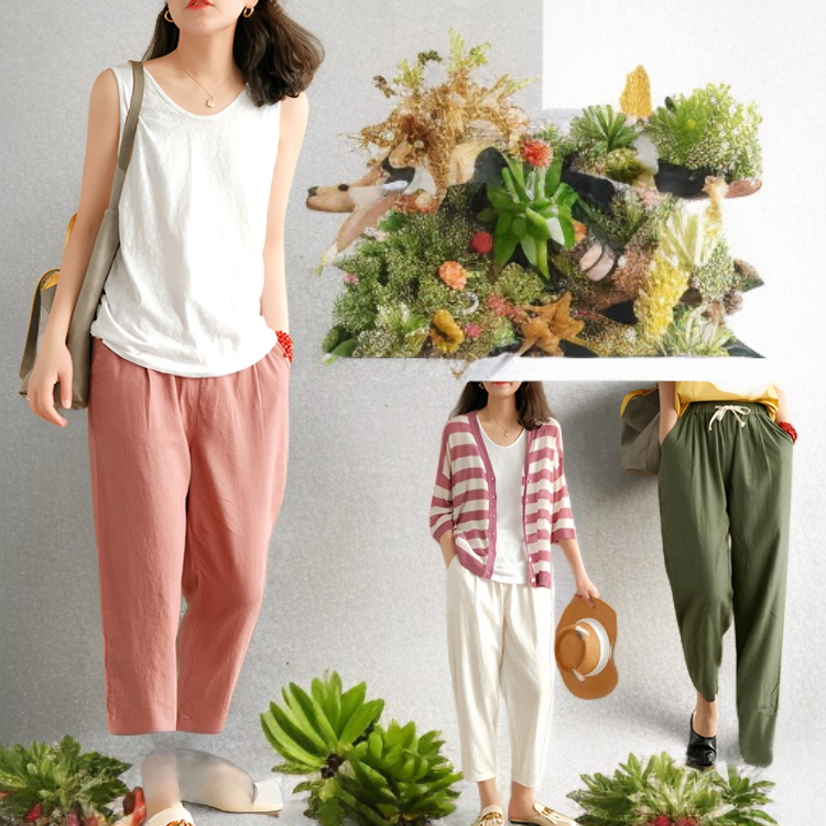 夏用の無地の綿麻サルエルパンツ