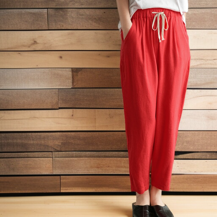 夏用の無地の綿麻サルエルパンツ