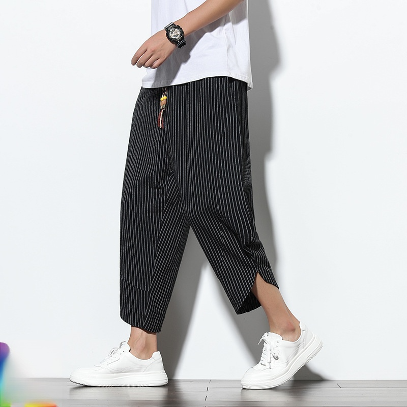 夏のゆったりリネンワイドパンツ メンズ・ルーズ・ワイド・レッグ・パンツ セブンポイント・ワイドパンツ ストライプのワイドパンツ