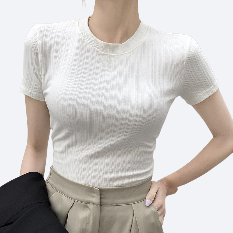 여성 단색 라운드 네크라인 스키니 반팔