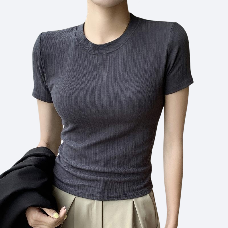 여성 단색 라운드 네크라인 스키니 반팔