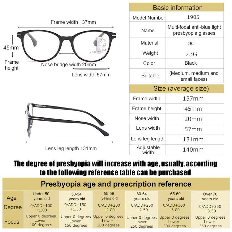 Anti-blue light multifocal presbyopia glasses