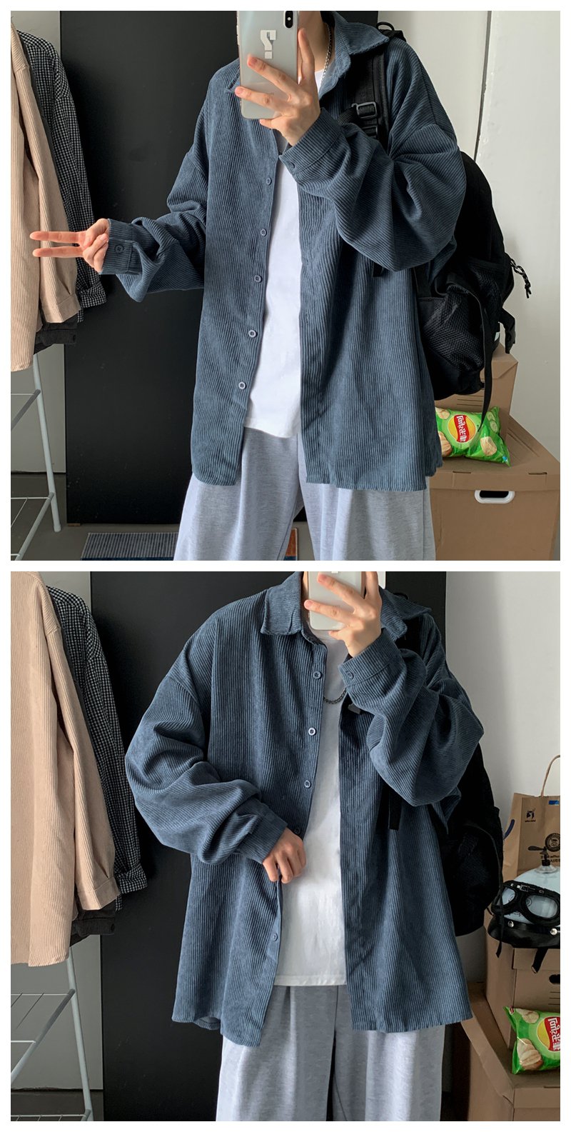 ティーンエイジャー用ゆったり長袖コーデュロイシャツ全体画像
