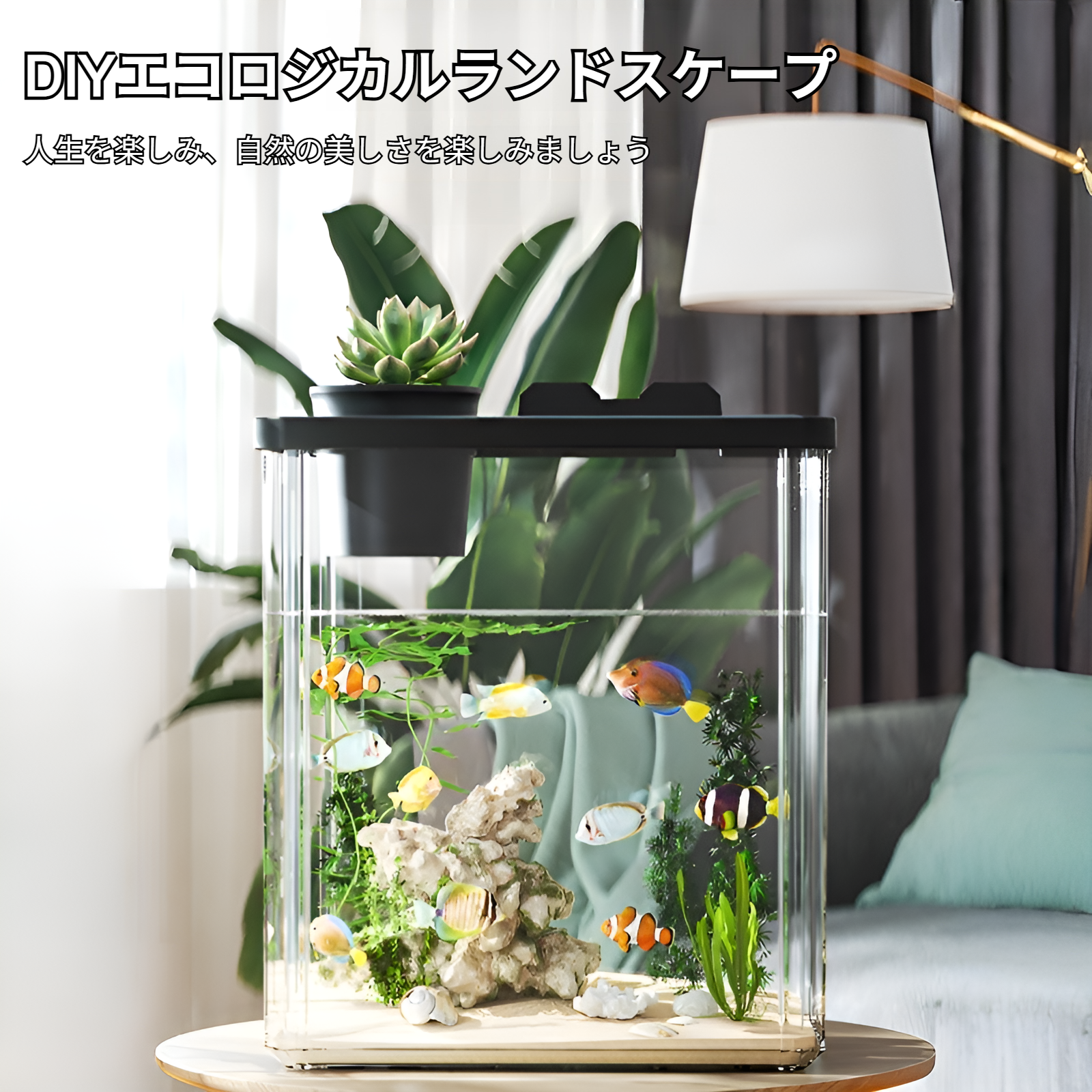 簡単にセットできるデスクトップ水槽の設置例