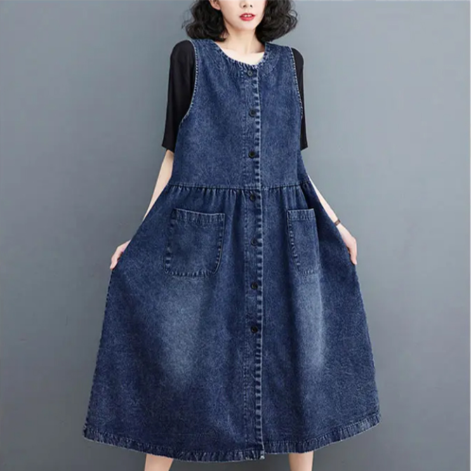 통통 Mm 여름 루즈핏 빈티지 데님 원피스 살 가리고 날씬해 보이는 미디 스커트 여 데님 나시 스커트