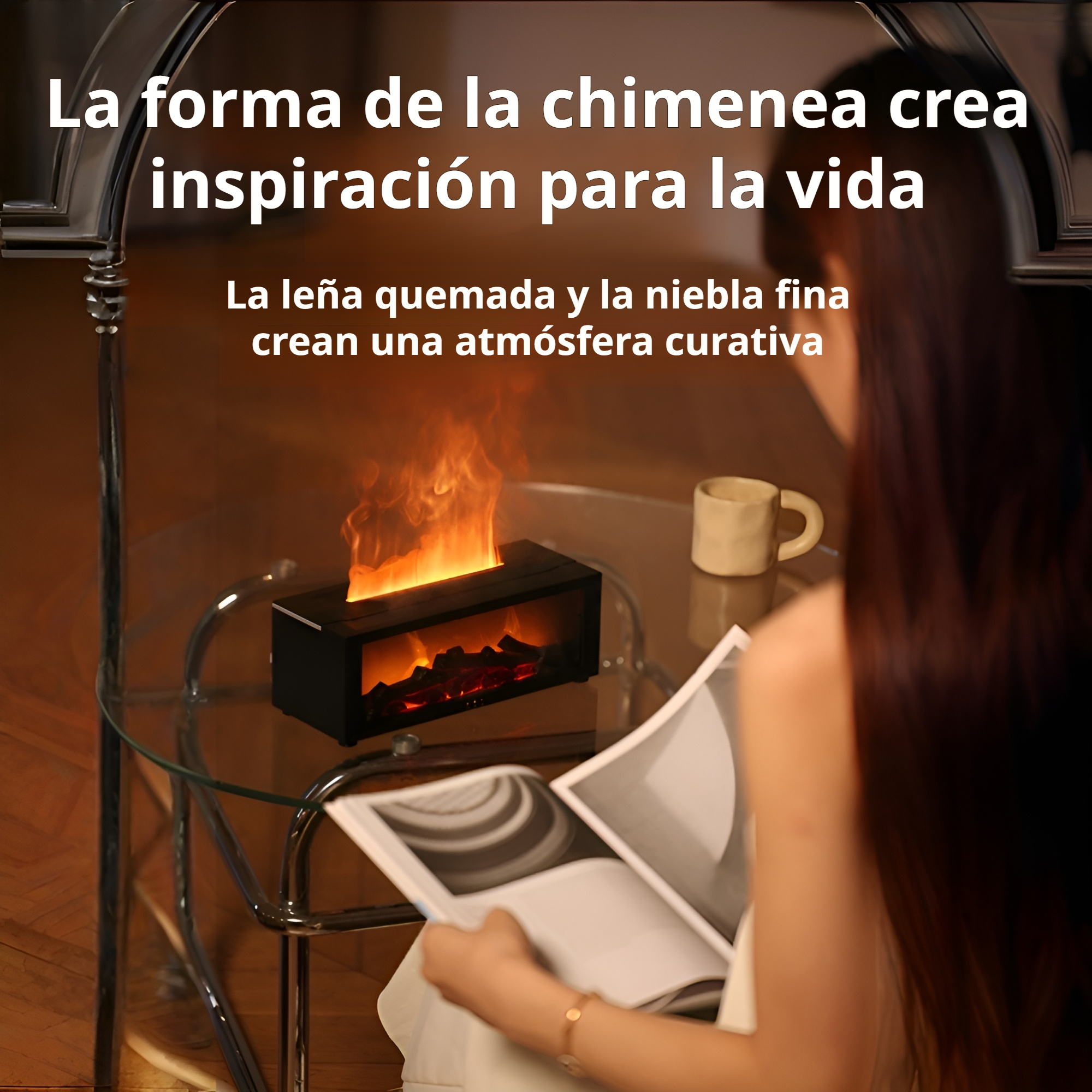 Vista lateral del humidificador decorativo con efecto chimenea