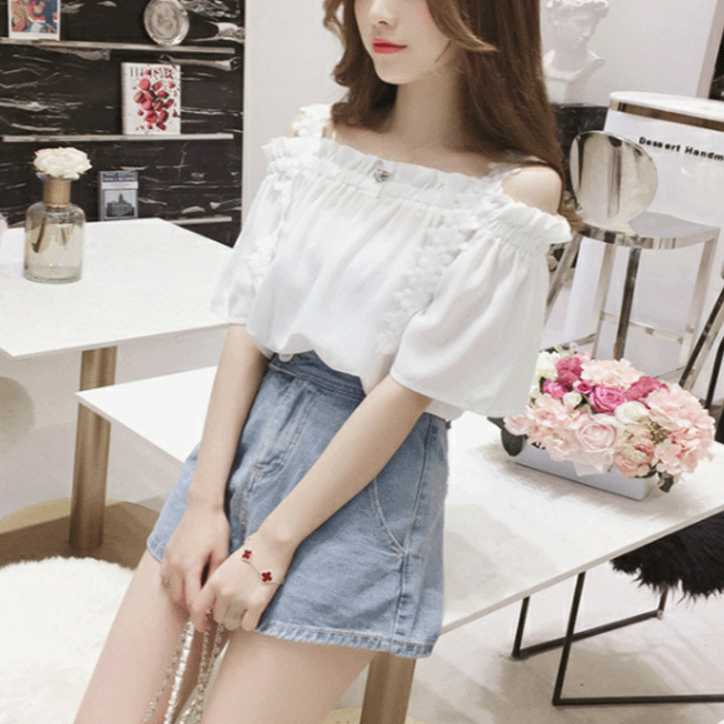 白い半袖トップスレディースストラップレスワンネックおなかカバーシフォンブラウスキャミソール半袖