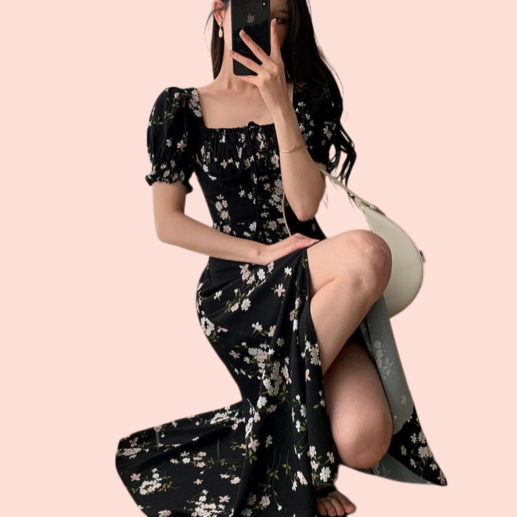 여름 쉬폰 트임 롱 원피스 반팔 플라워 미디 스커트