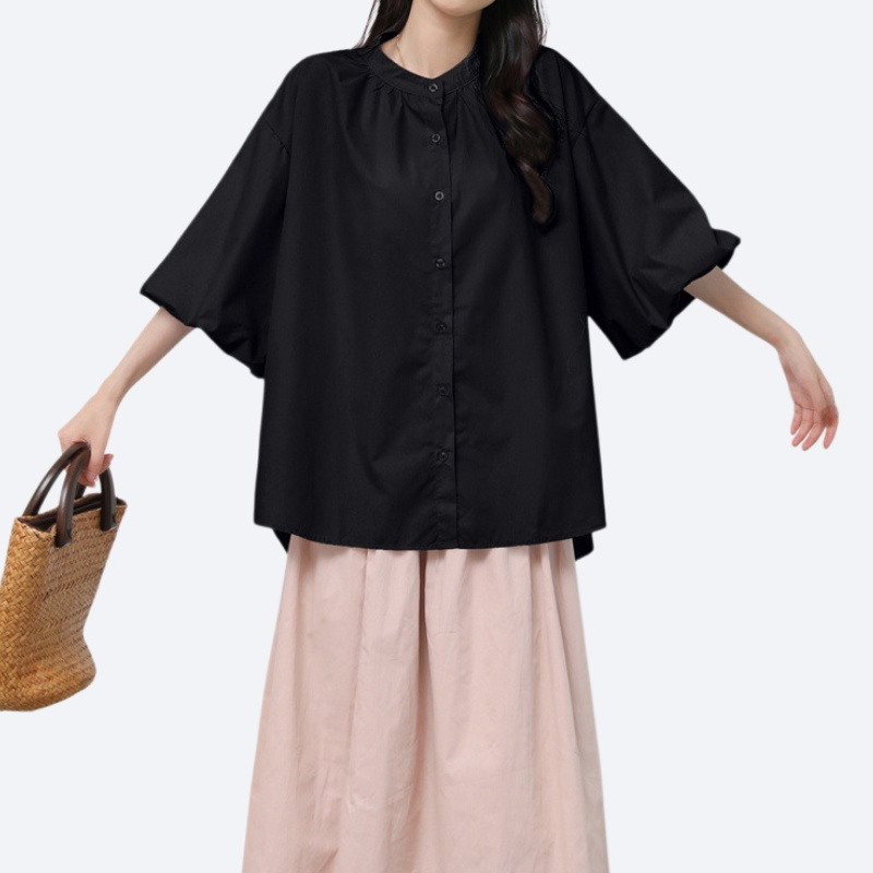 여성 나른하고 헐렁헐렁한 단색 중소매 셔츠