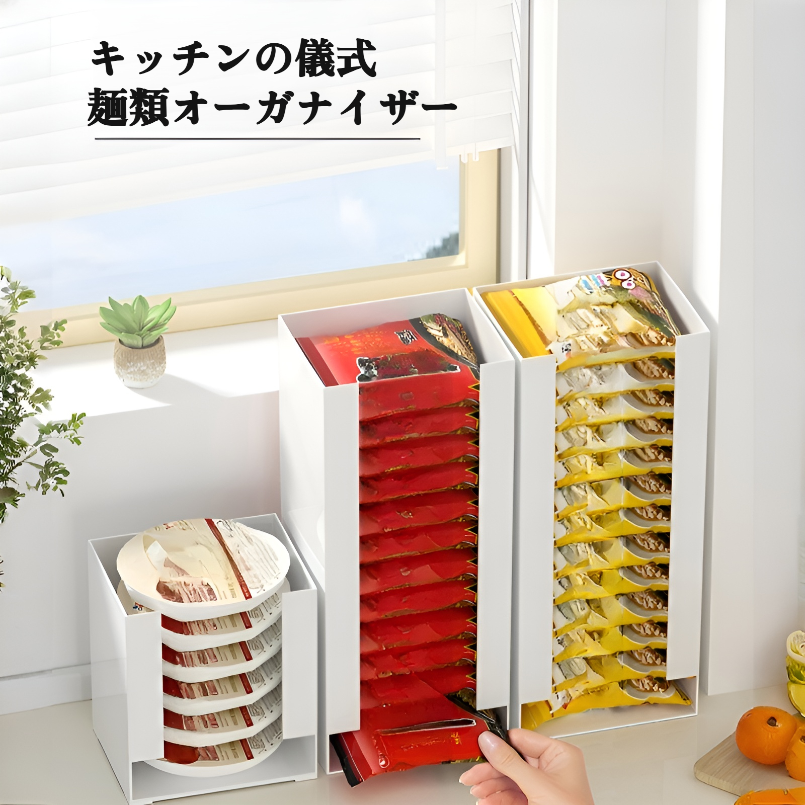 ラーメンやスナックを入れた収納ボックスの使用例