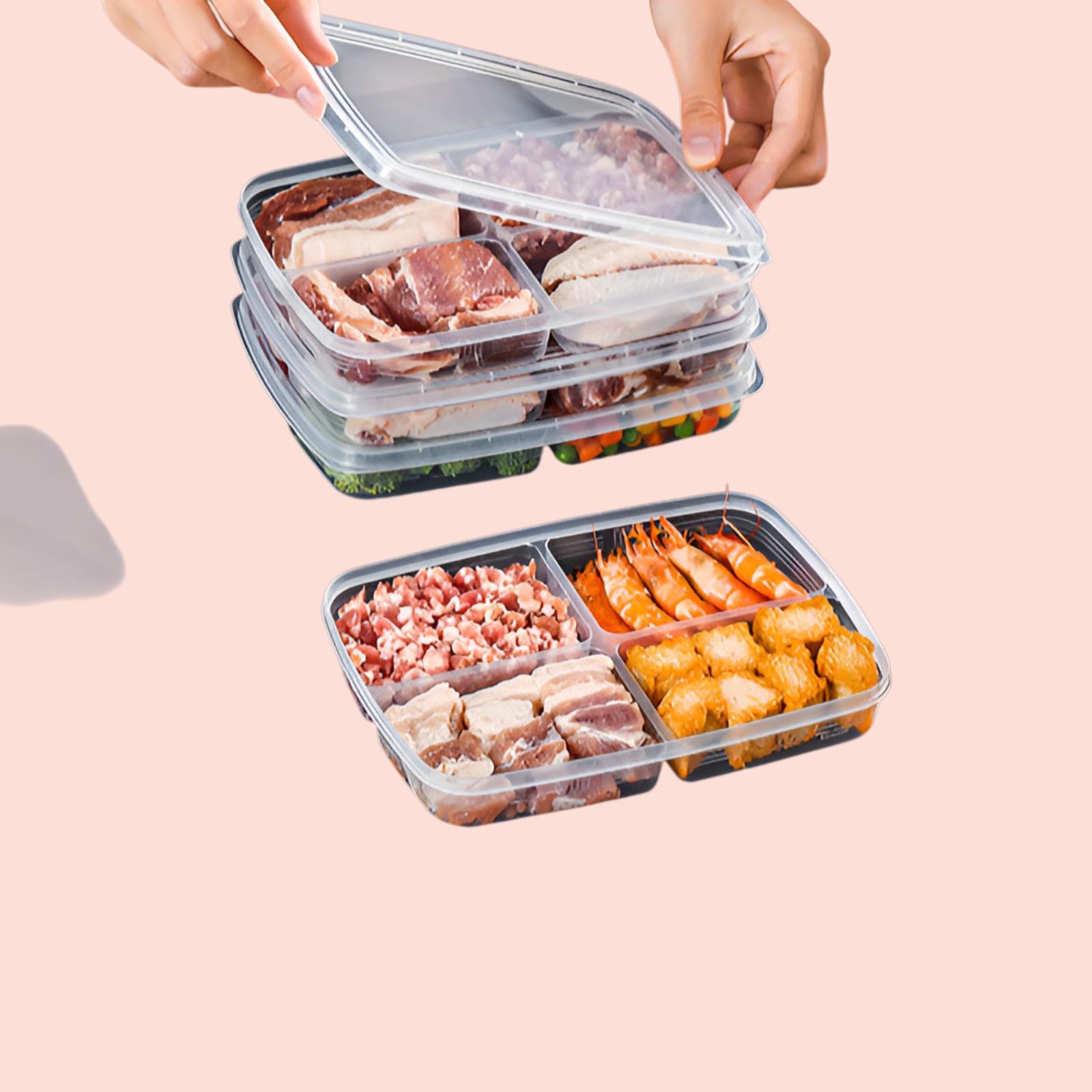 簡約透明收納盒 4格食品收納箱 冰箱冷凍肉蔬果分隔儲物盒