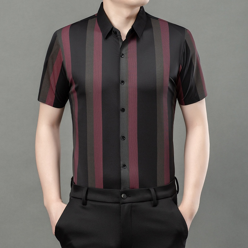 여름 날씬한 스트라이프 셔츠 아이스 쿨링 논스톱 중년 남자 반팔 상의
