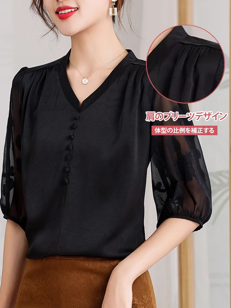 高級感Vネックシルク半袖レディース