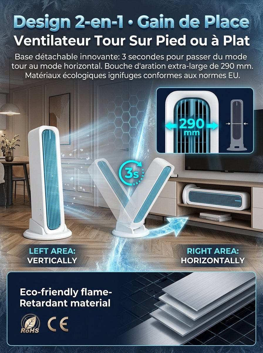 【Refroidissement de toute la pièce en 60 secondes】Ventilateur colonne utilisable debout ou allongé