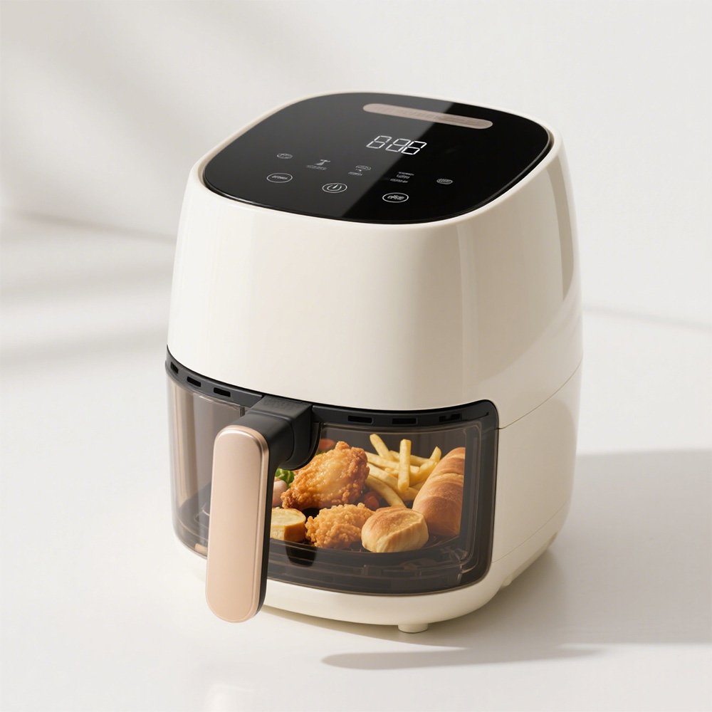 Friteuză aer cald alb-ivoriu pe blatul de bucătărie