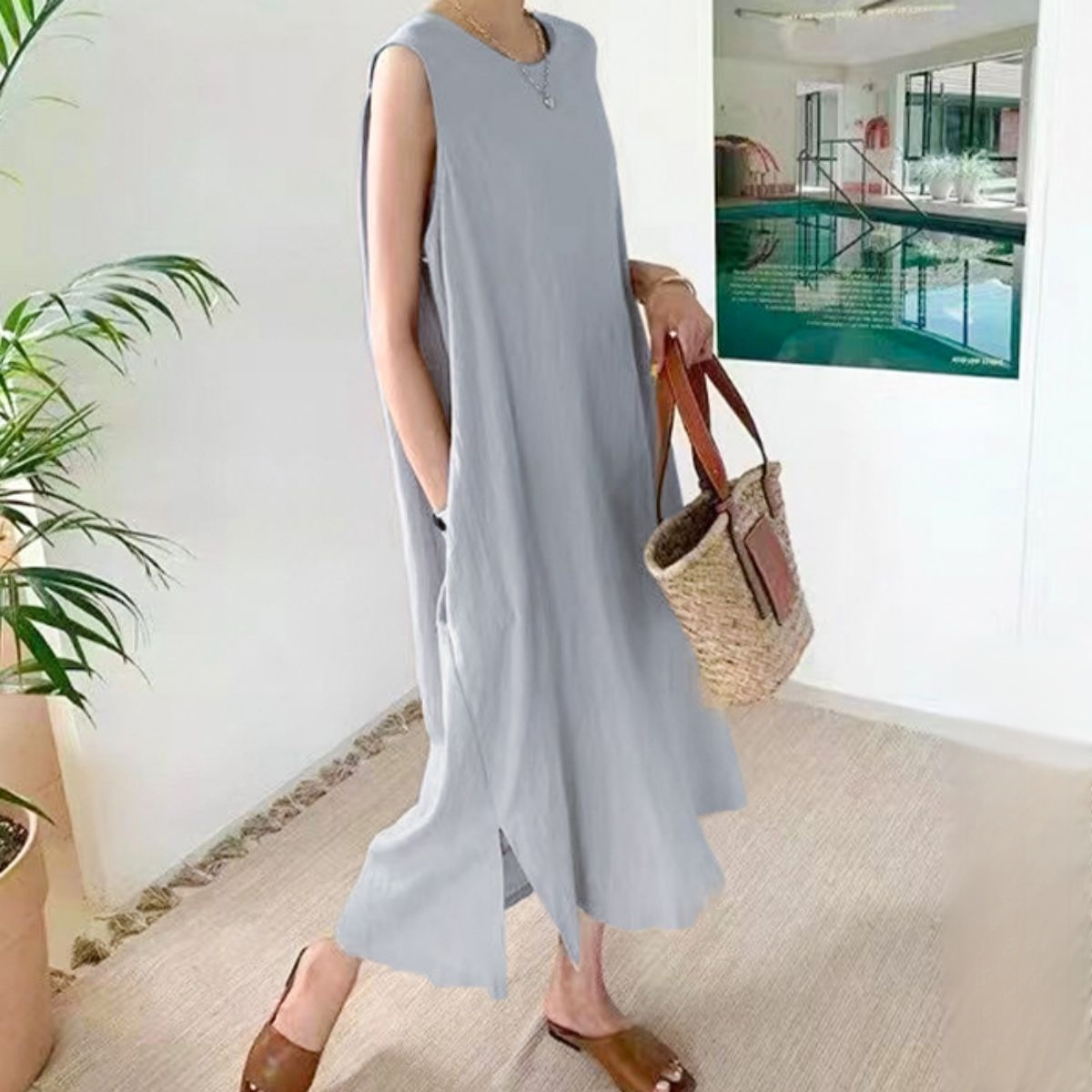 ベスト・ノースリーブ・ドレス ラウンドネック良質7色スプリットドレス