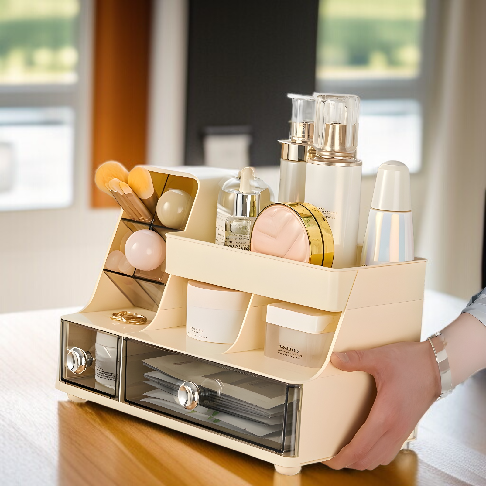 デスクトップコンパートメント収納ボックス軽量高級化粧品ラック寝室用メイクブラシ収納バケツ引き出し収納ボックス